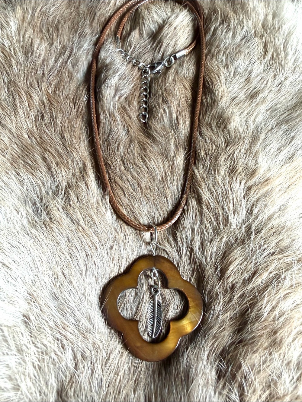 Brown Clover Tiger’s Eye Pendant Necklace with Feather Charm - Women Jewelry